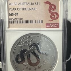 #32 2013P Australia $1 Year of the Snake – 1 oz .999 Silver – NGC MS69 Lunar Series II