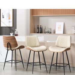 Counter Height Barstools Set of 2,26.8" Swivel Stools in Modern Style,Armless Walnut Pub Chair with Metal Legs,PU Leather Bentwood Bar Chair for Home 