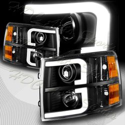 For 2007-2014 Chevy Silverado LED DRL Black Projector Headlights Amber Reflector -(4-HL-SILV07-DRL-BK-AM