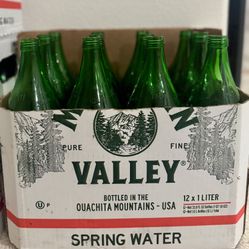 Empty Mountain Valley Green Glass Bottles – 12 Count – Clean & Labeled