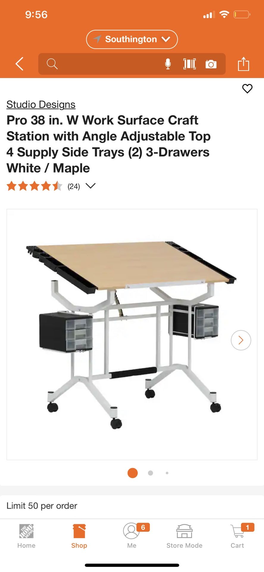 Studio Designs Pro 38 in. W Work Surface Craft Station with Angle Adjustable Top 4 Supply Side Trays (2) 3-Drawers White / Maple