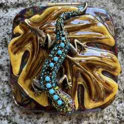 JAY STRONGWATER Lizard Gecko Leaf Swarovski Crystal Enamel Compact Mirror