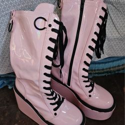 Swing 150 PINK Stretch Goth Knee Boot 5.5 Platform DEMONIA SZ 8 One Set Of Chains