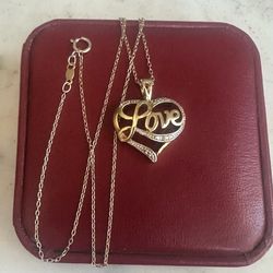 925 Gold over Sterling silver LOVE 💕 HEART NECKLACE , genuine Diamond 💎, 18in gold over Sterling chain , marked 925 CI SS