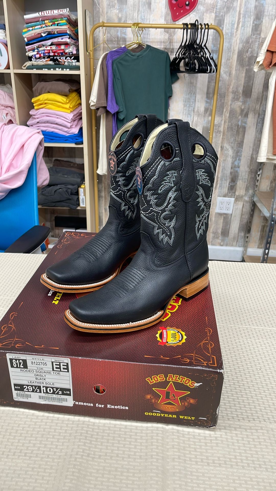 MEN'S LOS ALTOS ORIGINAL GRISLY LEG LEATHER RODEO SQUARE TOE BLACK BOOTS - Size 10.5 US
