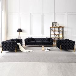 Black Velvet Sofa Loveseat Chair Living Room Set Brand New In Box Firm Price $2,680