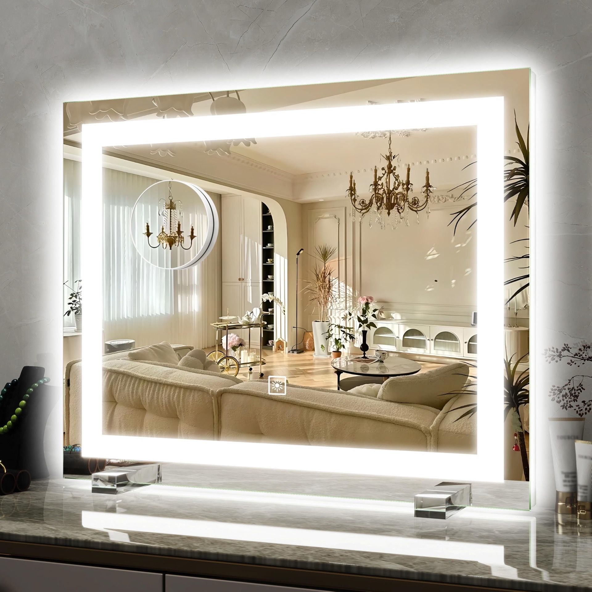 ROLOVE 22x20 Inch Lighted Vanity Mirror, 3-Mode Touch Dimming LED Lighting, Large Makeup Mirror For Dressing Room, Tabletop Or Wall-Mounted, White