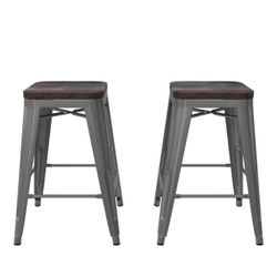 Bar Stools Metal Counter Height with Wood Seat, Set Of 2