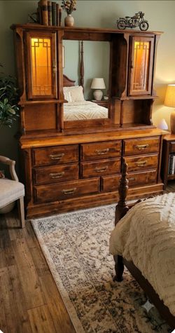 Large Wood Dresser with Hutch and Mirror