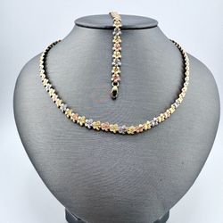 14K Tri Color Diamond Cut Flower Necklace And Bracelet Set
