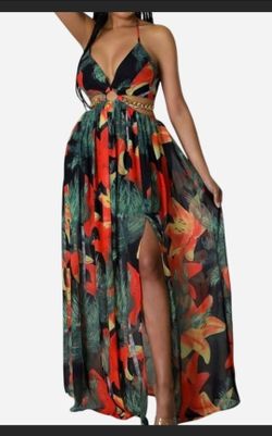 Tropical  Print  Halter Sun Dress  XLARGE