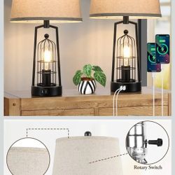 Farmhouse Table Lamps with 2 USB Ports, Set of 2 Rustic Industrial Desk Lamp for Living Room, 2-Light Black Bedside Lamp, Bedroom Nightstand Lamp with