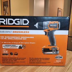 Ridgid 18V SubCompact Brushless Cordless Drill/Driver Kit With Two Batteries and Charger -BRAND NEW