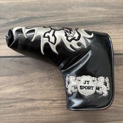 JT Sport black golf putter cover with white skull and flame design