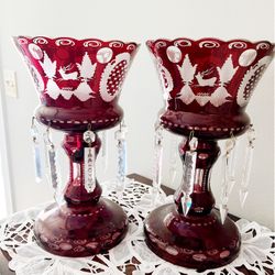 pair of red bohemian crystal Mantel Luster 14" Tall