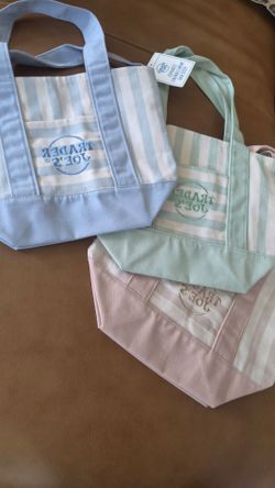 Trendy Trader Joe totes - pastel blue, nude, and green