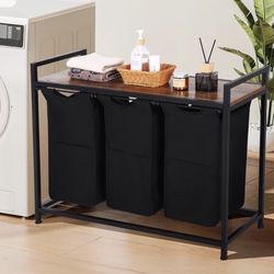 VASAGLE Laundry Hamper, Laundry Basket, Laundry Sorter with 3 Pull-Out and Removable Bags, Shelf, Metal Frame, 3 x 10.6 Gallons (40 L), 36.4 x 13 x 28