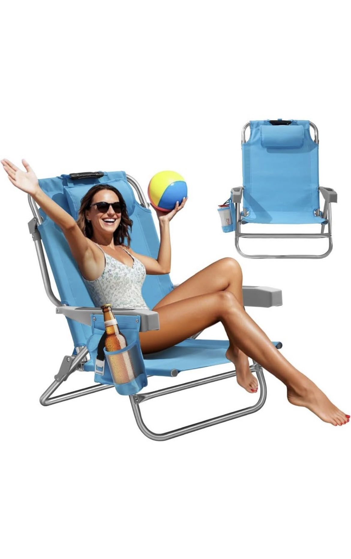 Aluminum Lay Flat, Compact, Portable Backpack Low Beach Chair, with Cooler & Storage Pouch, Blue