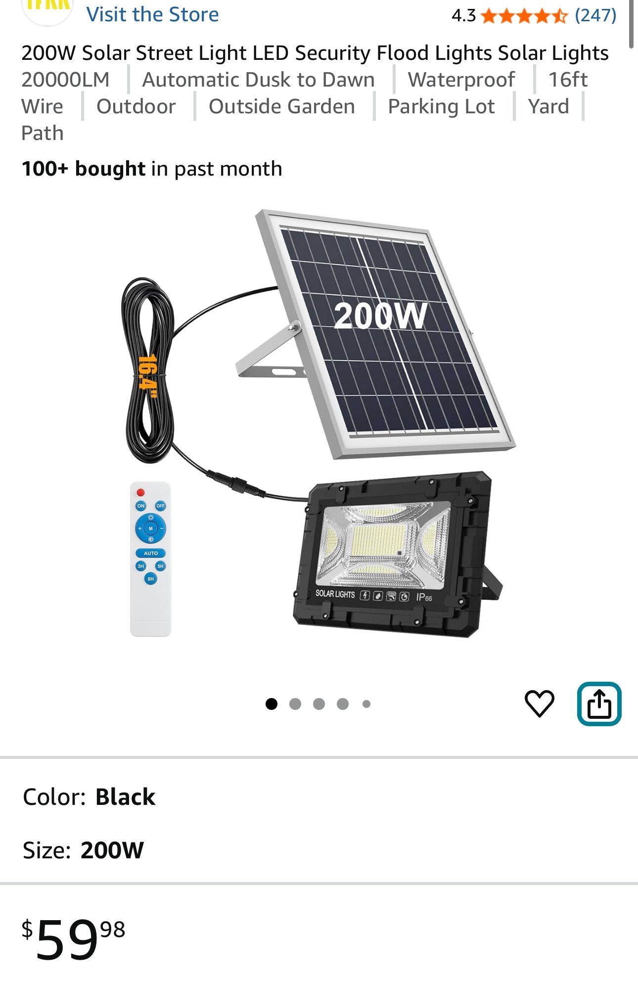 200W Solar Street Light LED Security Flood Lights Solar Lights 20000LM Automatic Dusk to Dawn Waterproof 16ft Wire Outdoor Outside Garden Parking Lot