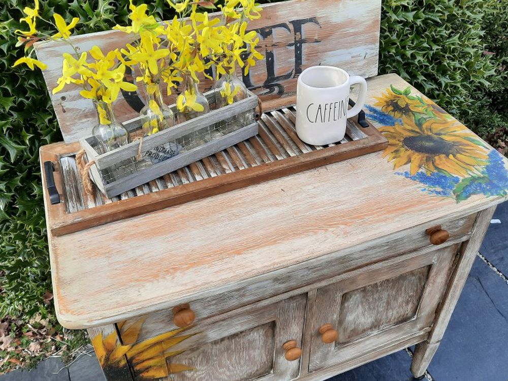 Handpainted Sunflowers Vintage Cabinet Coffee Bar Console Table