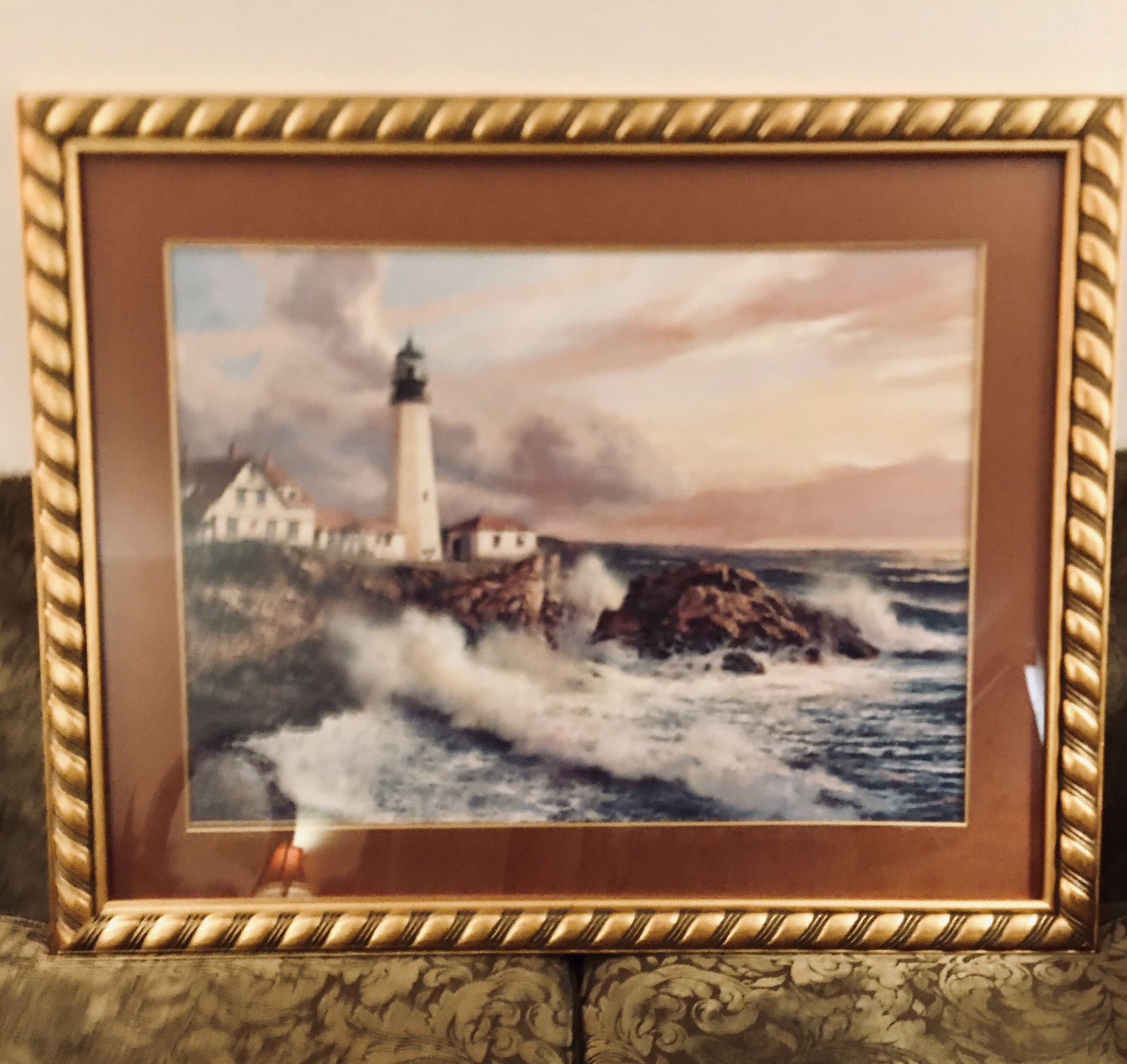Large Beautiful Lighthouse Seascape by Carolina Mirror Crown Fine Arts Framed & Ready to Hang