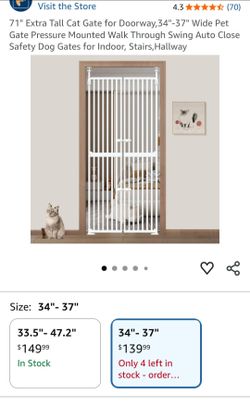 71" Extra Tall Cat Gate for Doorway,34"-37" Wide Pet Gate Pressure Mounted Walk Through Swing Auto Close Safety Dog Gates for Indoor, Stairs,Hallway