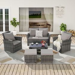6 Piece Wicker Patio Furniture Sets with Ottoman & Tempered Glass Coffee Table