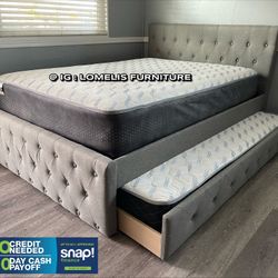 Full/Twin Gray Frenchi Tufted Trundle Beds W. Ortho Mattresses Included 