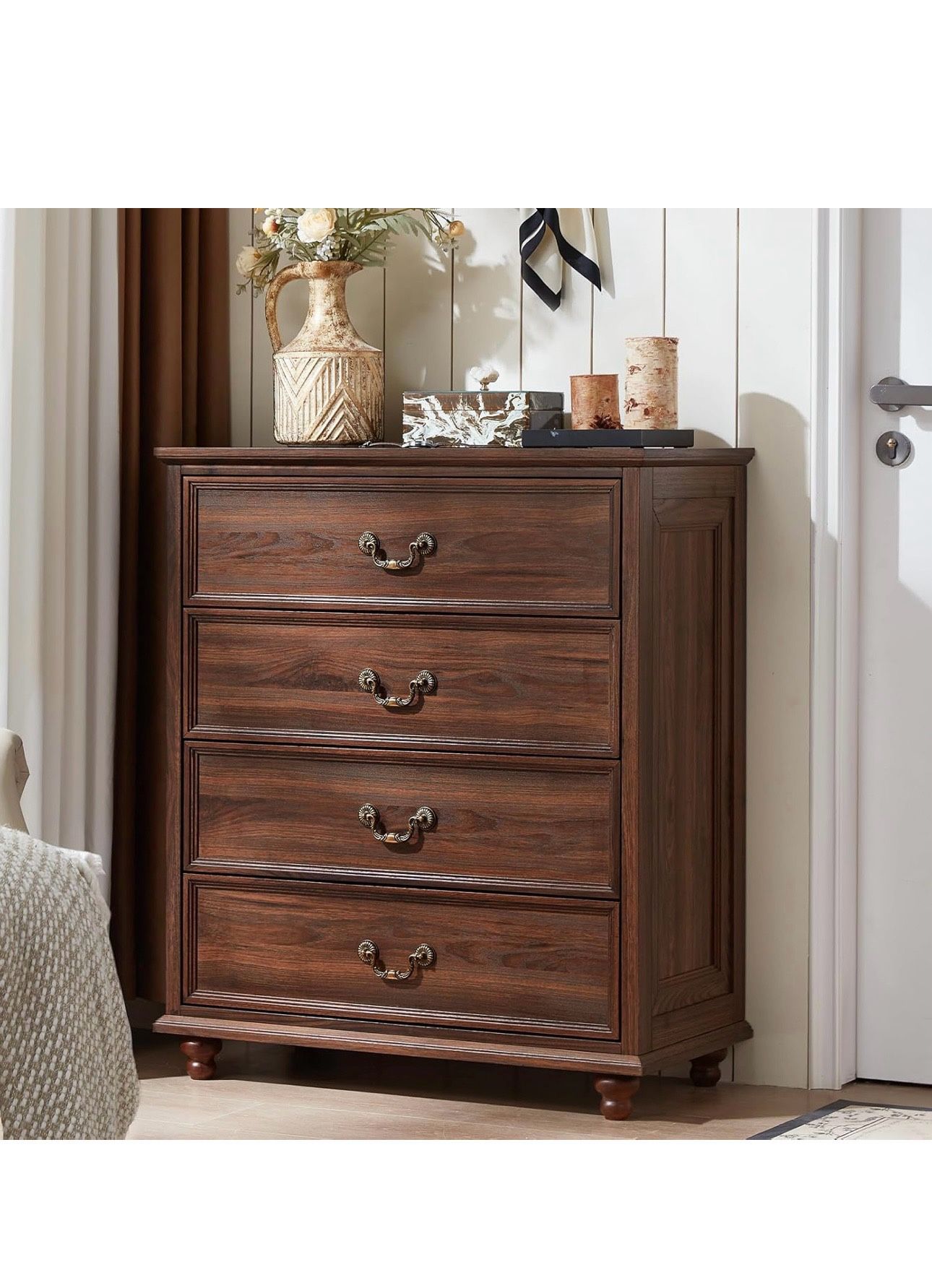 Farmhouse 4 Drawer Dresser for Bedroom, 37" Tall Rustic Chests of Drawers w/ 4 Solid Wood Feet, Mid Century Modern Wooden Closet Storage Dressers Orga