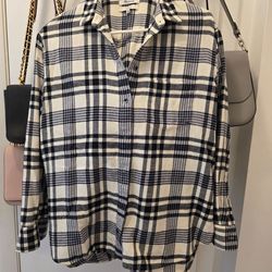 Madewell Oversized Plaid Flannel Shirt Small Black Cream Shacket Fall Cozy 100% Cotton