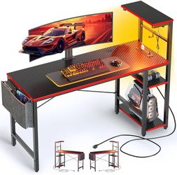 Bestier Gaming Desk with Power Outlets, 44 Inch Led Gamer Desk with 4 Tiers Reversible Shelves, PC