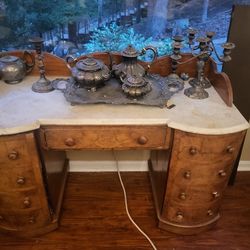 Desk, Burl, Bow Front, Maple, White Marble Top