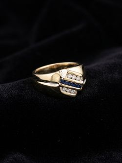 14K Yellow Gold Men's Ring, Diamonds & Blue Sapphires, Size 11.5