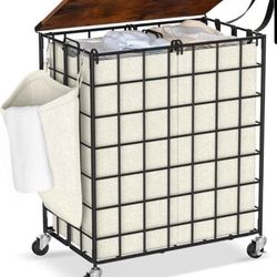 Laundry Hamper with Wheels 2 Section Beige Clothes Sorter Basket with Lid Shelf