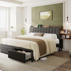 King Size Metal Bed Frame with 2-Tier Hidden Storage and 2 Drawers