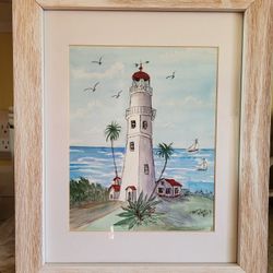 white lighthouse Original Watercolor Painting, sailboats, shore, Signed Betty Mack, Lighthouse Seascape, blue sea, dunes, seagulls