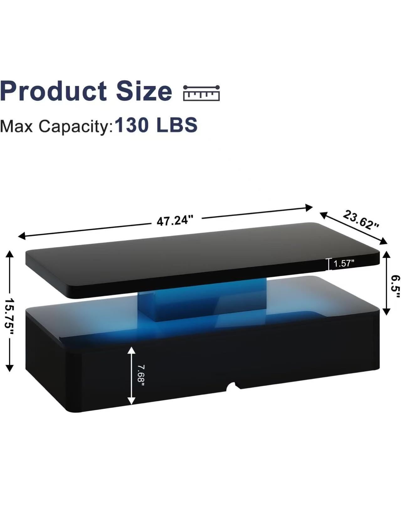 MXV Modern Coffee Table, 47 Inches Coffee Tables with 16 Colors LED Lights, 2 Tier Rectangular Center Table, Large Storage Space, High Glossy Wooden T