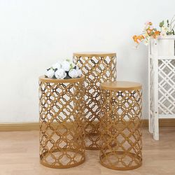 Set of 3 Gold Metal Cylinder Pillar Cake Display Stands, Round Mesh Plinth Pedestal Stand in Hollow Overlapping Circles Pattern - 22",24",30"