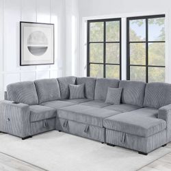 ✅️✅️4 pc Grey  corduroy fabric sectional sofa with storage chaise and love seat and pop up sleep area in center USB charging✅️✅️