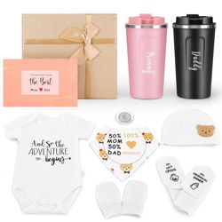 New Mom Dad Gift Set Parents Baby Shower Gift Newborn Onesie socks beanie hat Mommy Daddy tumblers card bib mittens decision coin