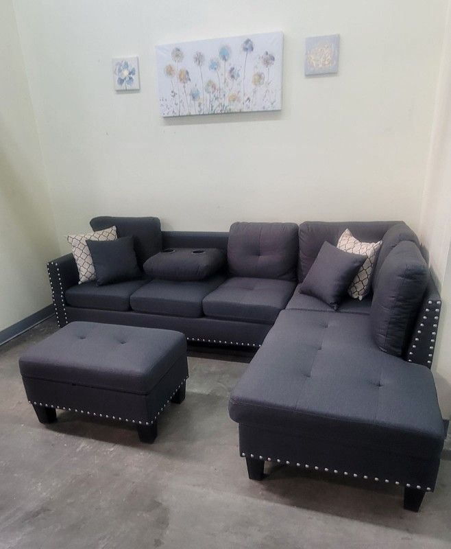 ✅️✅️3 pc charcoal linen like fabric sectional sofa drop down cup holder chaise and ottoman nail head trim ✅️