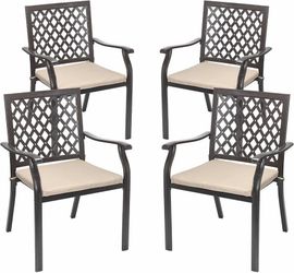 Aoodor Outdoor Stackable Patio Metal Dining Chairs 4-Piece Set with Strapped Seat Cushions - Perfect for Patio, Garden, Backyard, or Courtyard Use
