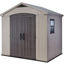 New in box Keter Factor 8x6 Large Resin Outdoor Storage Shed for Patio Furniture