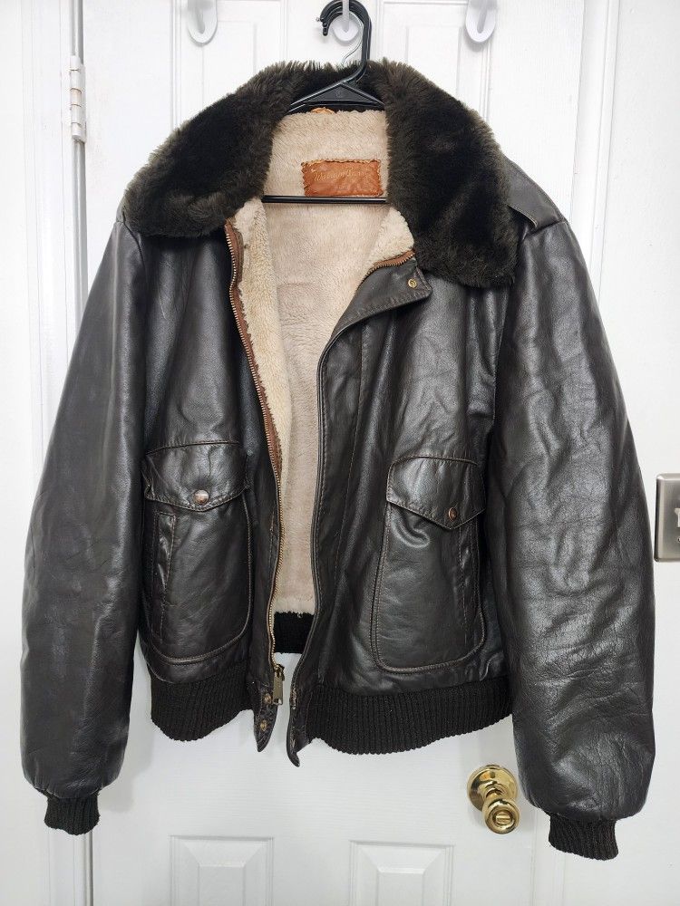 Vintage William Barry Jacket Size 52 Brown 70s Leather Flight Bomber Sherpa Fur