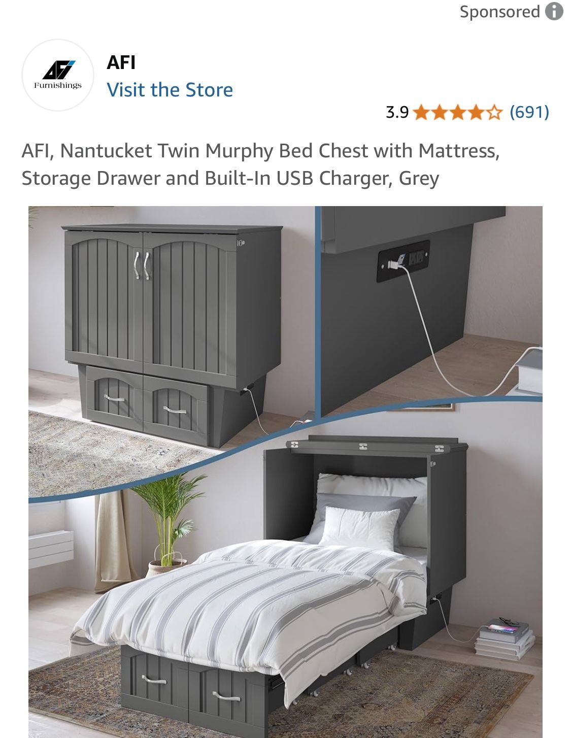 AFI, Nantucket Twin Murphy Bed Chest with Mattress, Storage Drawer and Built-In USB Charger, Grey/Espresso Combination
