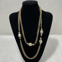 Vintage Gold Tone Long Chain wit Faux Pearl Bead Stationed Necklace ~ 46 inch