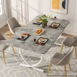 Grey 63" M/-oder-n Dini-ng T-able Kitchen Table with Faux Marble Table Top (Table Only)