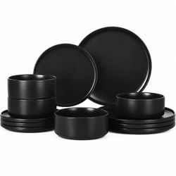 12 PCS Stoneware Ceramic Dinnerware Set Plates Bowls MATTE BLACK Dishwasher Safe