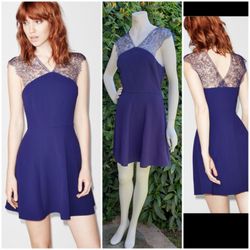 THE KOOPLES CREPE LACE BUSTIER FIT & FLARE DRESS NAVY BLUE SZL