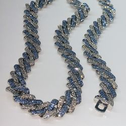 Stainless Steel Blue & White Cuban Link Necklace And Bracelet 